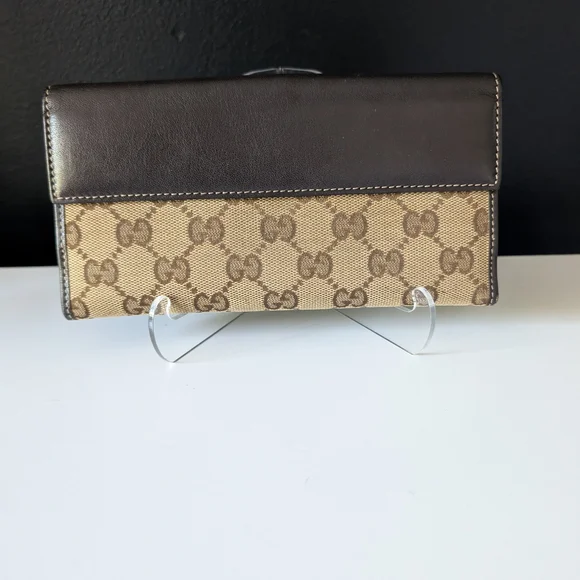 Gucci GG Vintage Brown Monogram Long Wallet with Gold Heart Snap - Picture 3 of 12